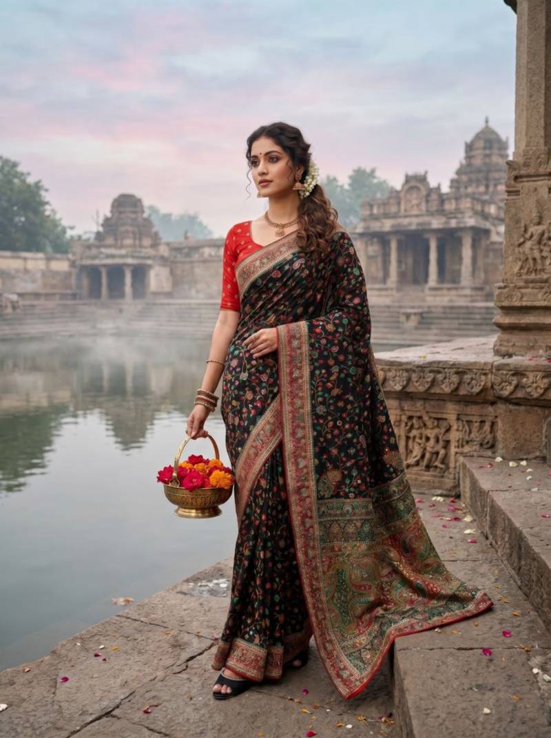 Black Color Embroidery Weaving Flower Border With Dori Piping Fitting Pashmina Silk Saree