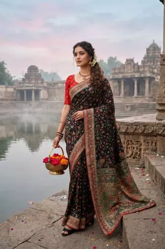 Black Color Embroidery Weaving Flower Border With Dori Piping Fitting Pashmina Silk Saree