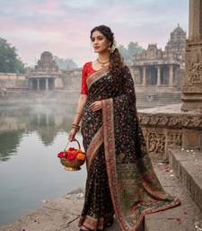 Black Color Embroidery Weaving Flower Border With Dori Piping Fitting Pashmina Silk Saree