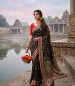 Black Color Embroidery Weaving Flower Border With Dori Piping Fitting Pashmina Silk Saree
