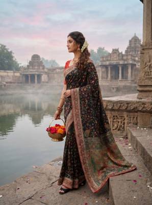 Black Color Embroidery Weaving Flower Border With Dori Piping Fitting Pashmina Silk Saree 2