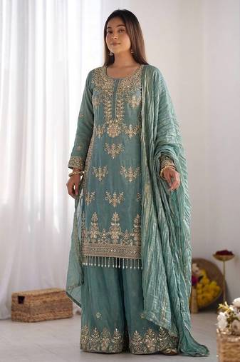 teal blue embroidered silk blend sharara suit set with zari work dupatta