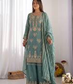 teal blue embroidered silk blend sharara suit set with zari work dupatta