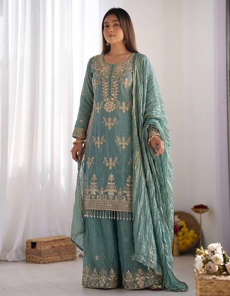 teal blue embroidered silk blend sharara suit set with zari work dupatta