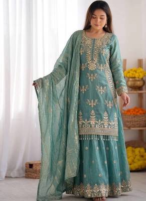 teal blue embroidered silk blend sharara suit set with zari work dupatta 2
