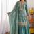 teal blue embroidered silk blend sharara suit set with zari work dupatta