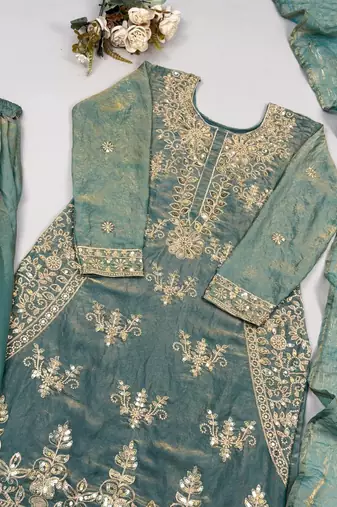 teal blue embroidered silk blend sharara suit set with zari work dupatta