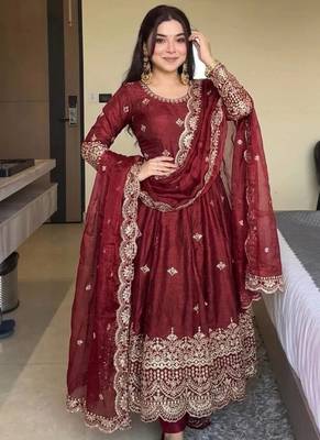 maroon silk blend embroidered anarkali gown with scalloped dupatta 1