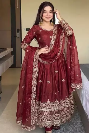 maroon silk blend embroidered anarkali gown with scalloped dupatta