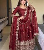 maroon silk blend embroidered anarkali gown with scalloped dupatta