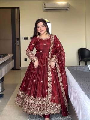 maroon silk blend embroidered anarkali gown with scalloped dupatta 3