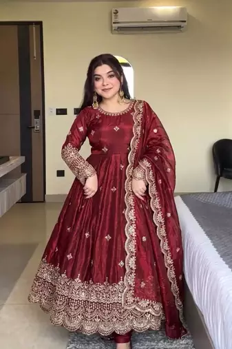 maroon silk blend embroidered anarkali gown with scalloped dupatta