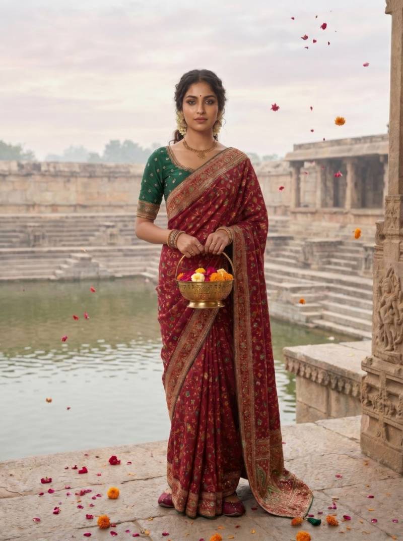 Maroon Color Embroidery Weaving Flower Border With Dori Piping Fitting Pashmina Silk Saree
