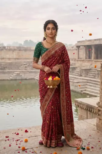 Maroon Color Embroidery Weaving Flower Border With Dori Piping Fitting Pashmina Silk Saree