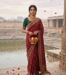 Maroon Color Embroidery Weaving Flower Border With Dori Piping Fitting Pashmina Silk Saree