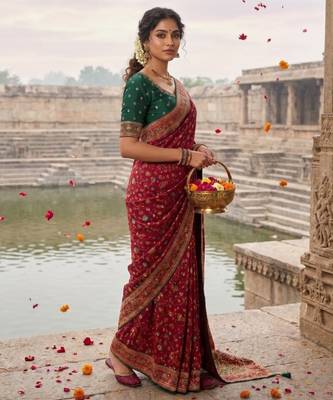 Maroon Color Embroidery Weaving Flower Border With Dori Piping Fitting Pashmina Silk Saree 2