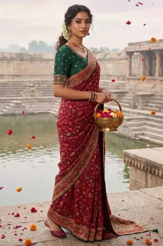 Maroon Color Embroidery Weaving Flower Border With Dori Piping Fitting Pashmina Silk Saree