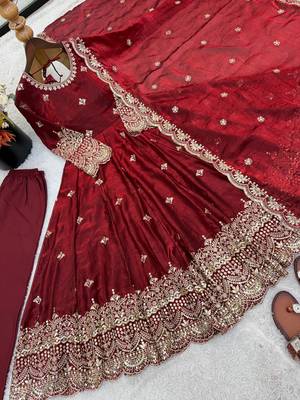 maroon silk blend embroidered anarkali gown with scalloped dupatta 4