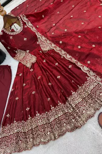 maroon silk blend embroidered anarkali gown with scalloped dupatta