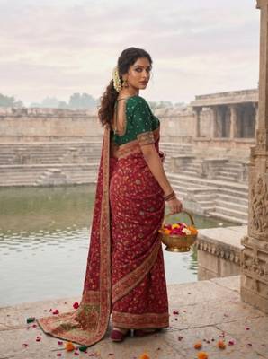 Maroon Color Embroidery Weaving Flower Border With Dori Piping Fitting Pashmina Silk Saree 3