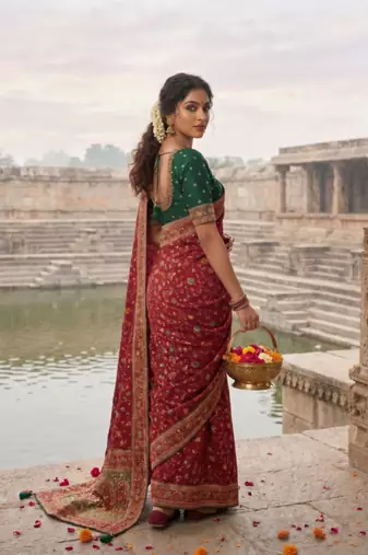 Maroon Color Embroidery Weaving Flower Border With Dori Piping Fitting Pashmina Silk Saree