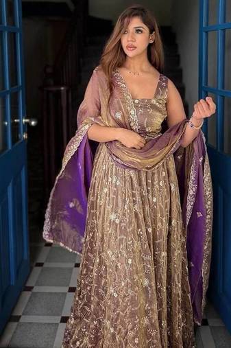 purple embroidered organza anarkali gown suit with dupatta