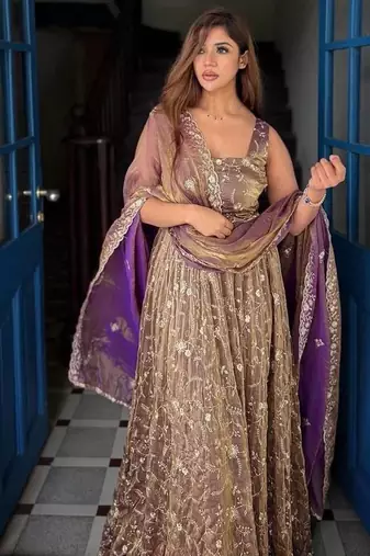 purple embroidered organza anarkali gown suit with dupatta