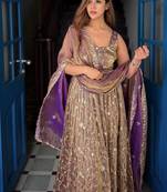 purple embroidered organza anarkali gown suit with dupatta