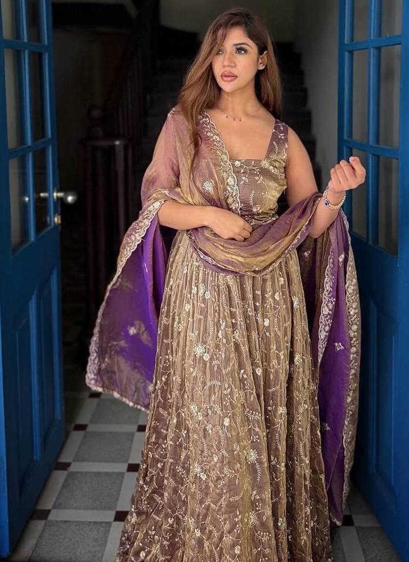 purple embroidered organza anarkali gown suit with dupatta