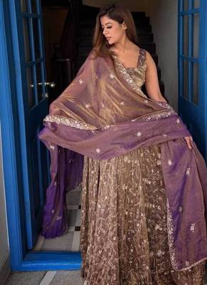 purple embroidered organza anarkali gown suit with dupatta 3