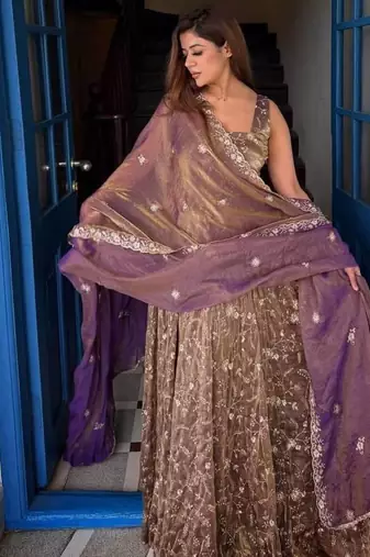 purple embroidered organza anarkali gown suit with dupatta