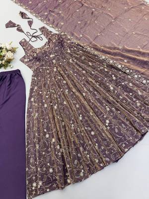 purple embroidered organza anarkali gown suit with dupatta 4