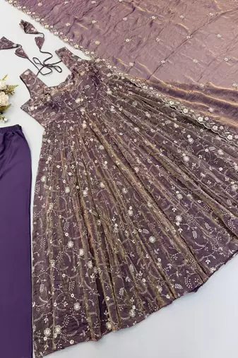 purple embroidered organza anarkali gown suit with dupatta