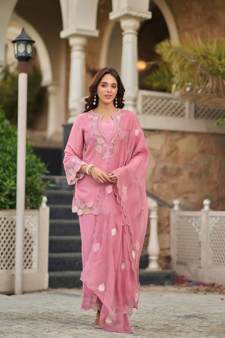 pink embroidered kurta pant set with dupatta