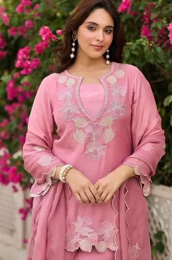 pink embroidered kurta pant set with dupatta
