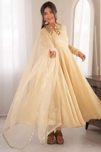 cream embroidered anarkali kurta with dupatta and pants set