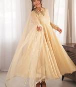 cream embroidered anarkali kurta with dupatta and pants set