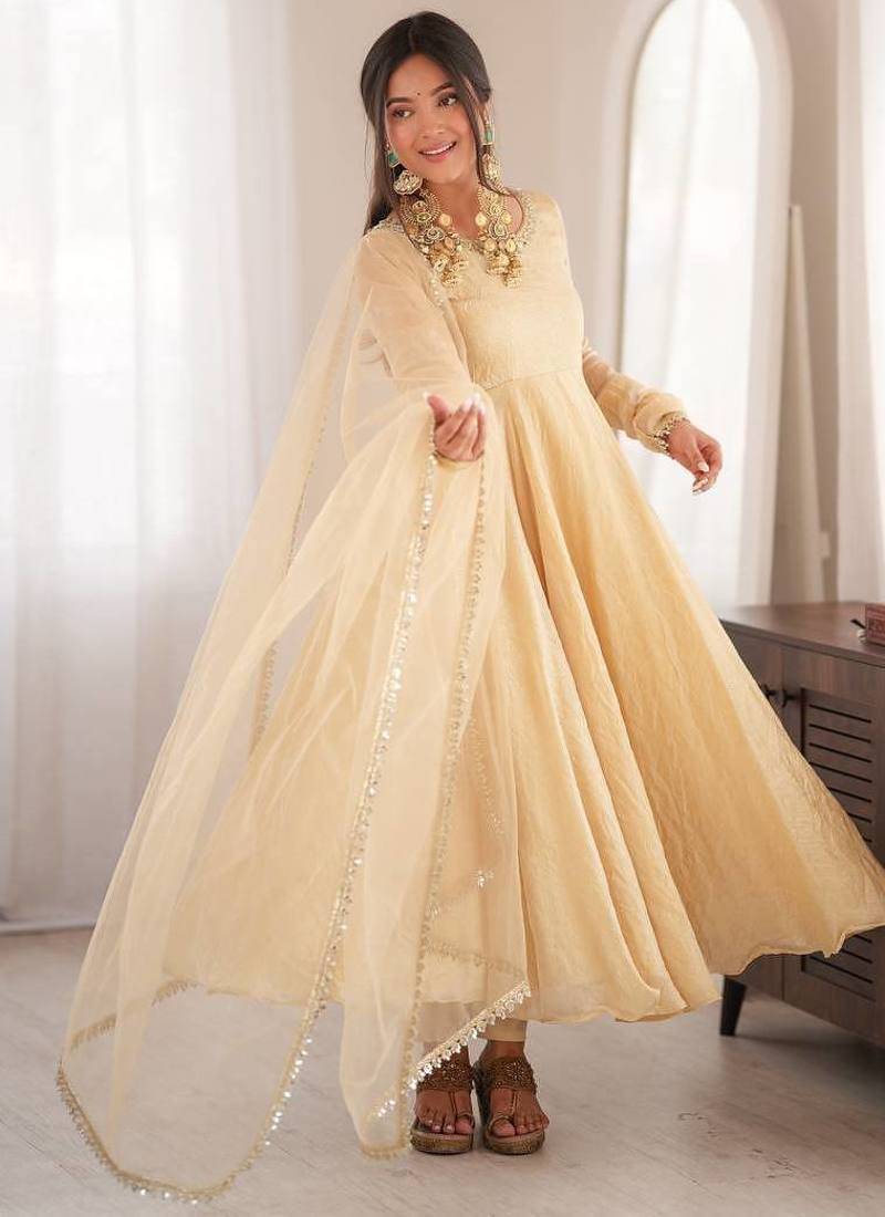 cream embroidered anarkali kurta with dupatta and pants set