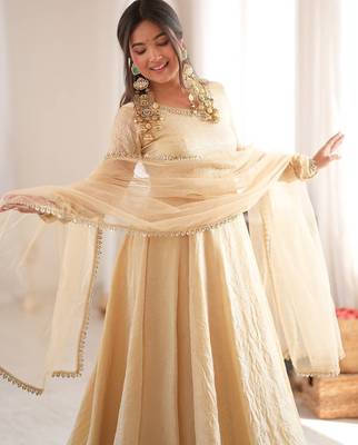 cream embroidered anarkali kurta with dupatta and pants set 2
