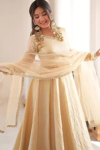 cream embroidered anarkali kurta with dupatta and pants set