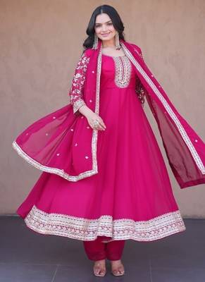 rani pink faux georgette embroidered anarkali suit with dupatta 1