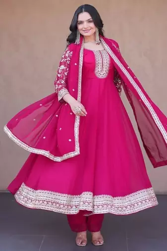 rani pink faux georgette embroidered anarkali suit with dupatta