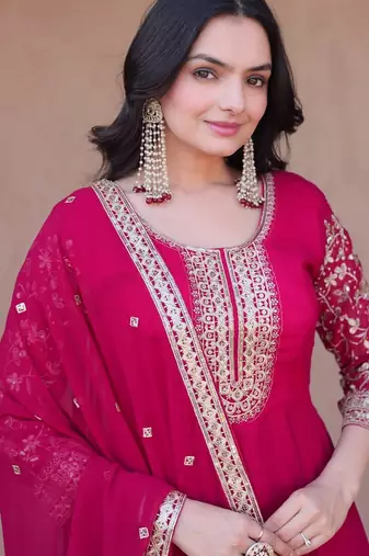 rani pink faux georgette embroidered anarkali suit with dupatta