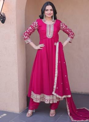 rani pink faux georgette embroidered anarkali suit with dupatta 3