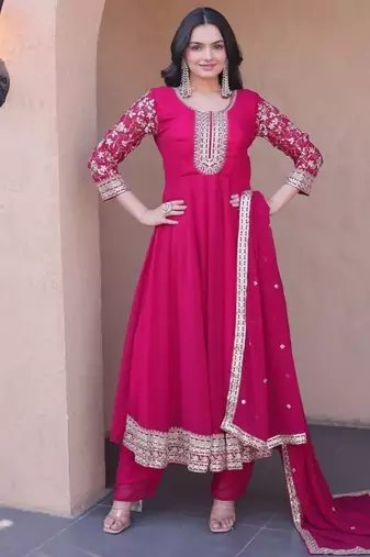 rani pink faux georgette embroidered anarkali suit with dupatta
