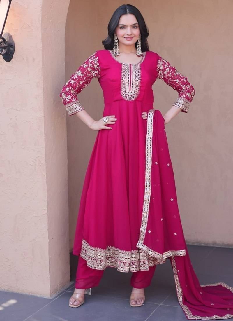 rani pink faux georgette embroidered anarkali suit with dupatta