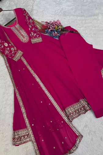 rani pink faux georgette embroidered anarkali suit with dupatta