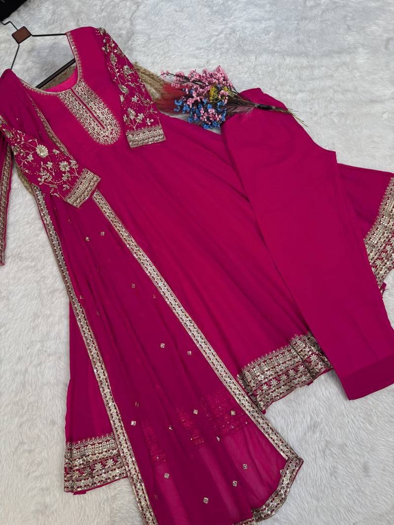 rani pink faux georgette embroidered anarkali suit with dupatta
