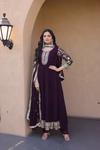 wine faux georgette embroidered anarkali suit with dupatta