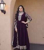 wine faux georgette embroidered anarkali suit with dupatta